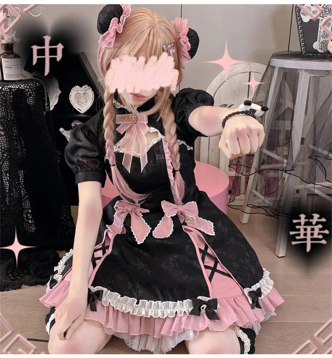 Chinese Style Sweet Girl Lolita Op Cheongsam Lovely Lace Bow Print Cherry Blossom Pearl Button Bubble Sleeve Ruffled Dress - SS69