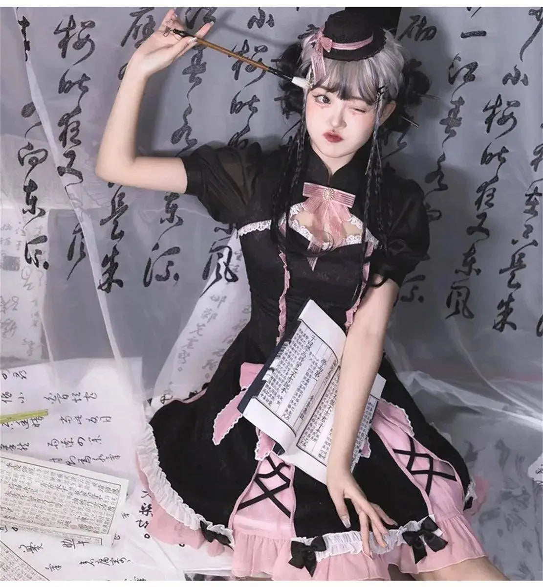 Chinese Style Sweet Girl Lolita Op Cheongsam Lovely Lace Bow Print Cherry Blossom Pearl Button Bubble Sleeve Ruffled Dress - SS69