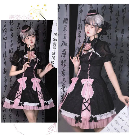 Chinese Style Sweet Girl Lolita Op Cheongsam Lovely Lace Bow Print Cherry Blossom Pearl Button Bubble Sleeve Ruffled Dress - SS69
