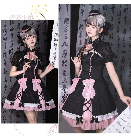 Chinese Style Sweet Girl Lolita Op Cheongsam Lovely Lace Bow Print Cherry Blossom Pearl Button Bubble Sleeve Ruffled Dress - SS69