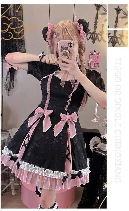 Chinese Style Sweet Girl Lolita Op Cheongsam Lovely Lace Bow Print Cherry Blossom Pearl Button Bubble Sleeve Ruffled Dress - SS69