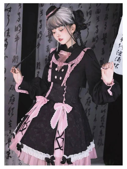 Chinese Style Sweet Girl Lolita Op Cheongsam Lovely Lace Bow Print Cherry Blossom Pearl Button Bubble Sleeve Ruffled Dress - SS69