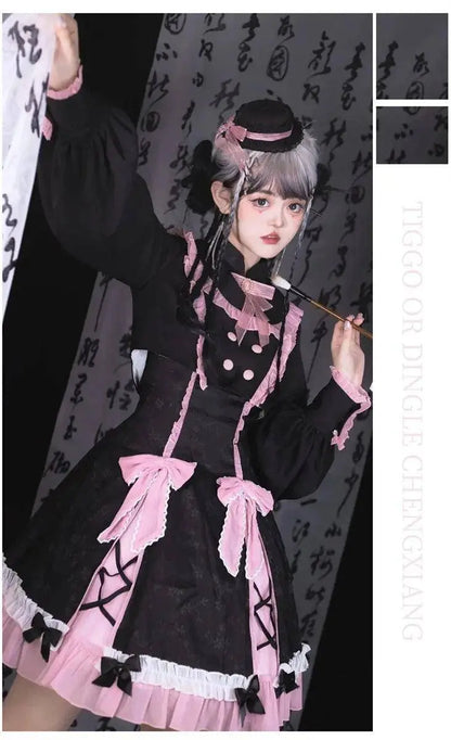 Chinese Style Sweet Girl Lolita Op Cheongsam Lovely Lace Bow Print Cherry Blossom Pearl Button Bubble Sleeve Ruffled Dress - SS69