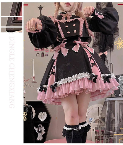 Chinese Style Sweet Girl Lolita Op Cheongsam Lovely Lace Bow Print Cherry Blossom Pearl Button Bubble Sleeve Ruffled Dress - SS69