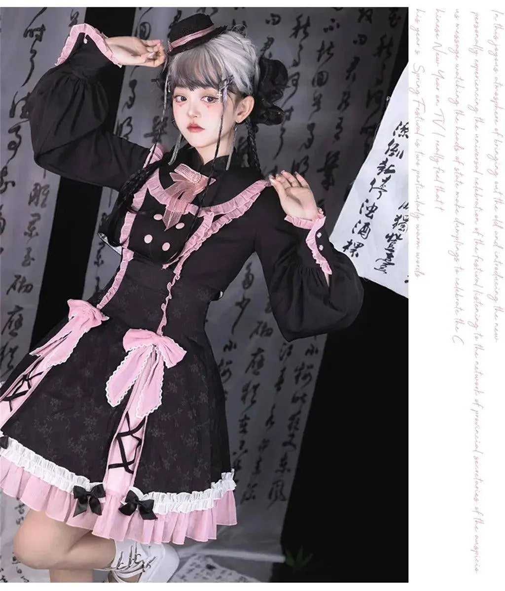 Chinese Style Sweet Girl Lolita Op Cheongsam Lovely Lace Bow Print Cherry Blossom Pearl Button Bubble Sleeve Ruffled Dress - SS69