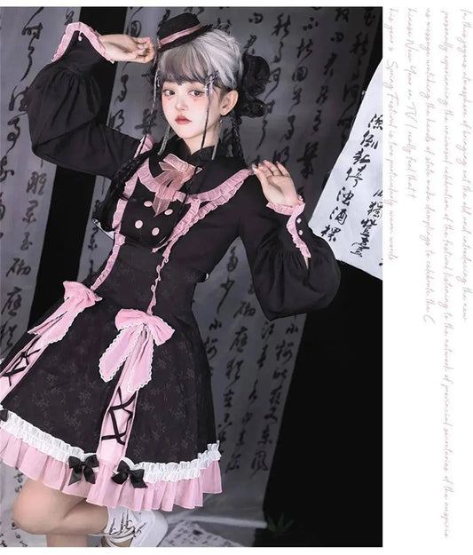 Chinese Style Sweet Girl Lolita Op Cheongsam Lovely Lace Bow Print Cherry Blossom Pearl Button Bubble Sleeve Ruffled Dress - SS69