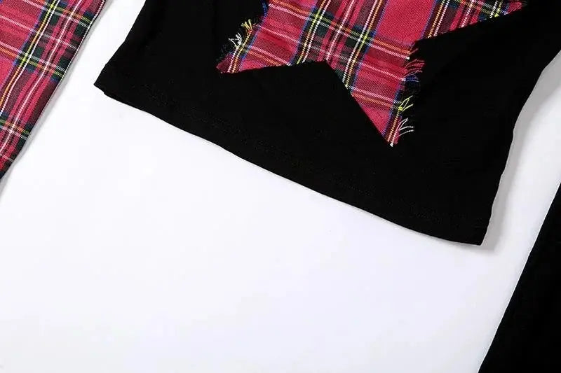 Classic Asymmetrical Women's Grunge Punk Arm Gloves Cold Shoulder Red Star Pattern Black Crop Top Y2k E-girl T-shirt - SS69