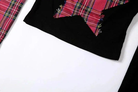 Classic Asymmetrical Women's Grunge Punk Arm Gloves Cold Shoulder Red Star Pattern Black Crop Top Y2k E-girl T-shirt - SS69