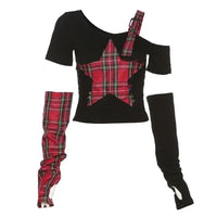 Classic Asymmetrical Women's Grunge Punk Arm Gloves Cold Shoulder Red Star Pattern Black Crop Top Y2k E-girl T-shirt - SS69