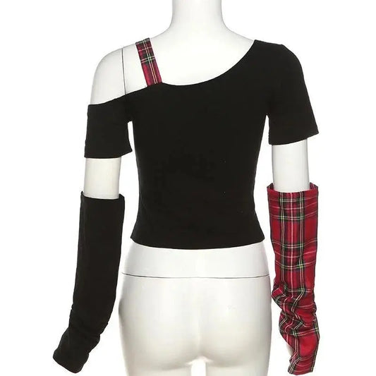 Classic Asymmetrical Women's Grunge Punk Arm Gloves Cold Shoulder Red Star Pattern Black Crop Top Y2k E-girl T-shirt - SS69