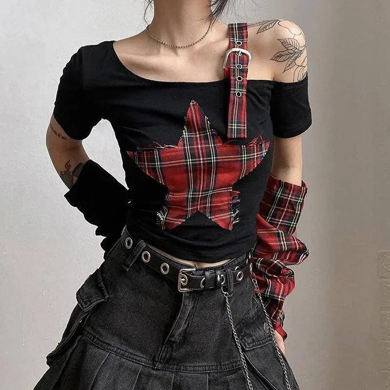 Classic Asymmetrical Women's Grunge Punk Arm Gloves Cold Shoulder Red Star Pattern Black Crop Top Y2k E-girl T-shirt - SS69