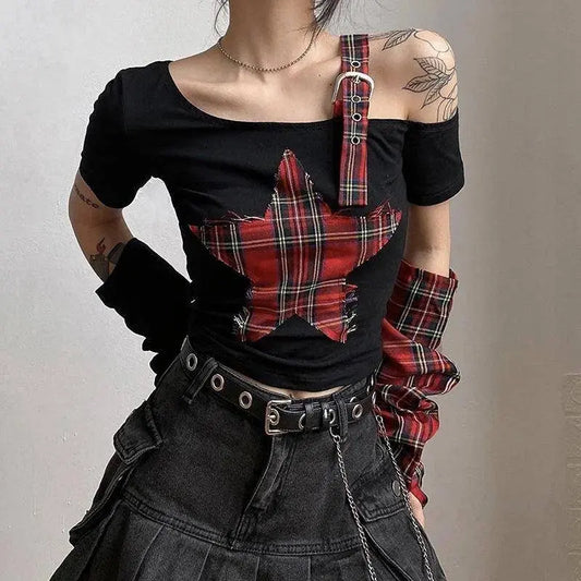 Classic Asymmetrical Women's Grunge Punk Arm Gloves Cold Shoulder Red Star Pattern Black Crop Top Y2k E-girl T-shirt - SS69