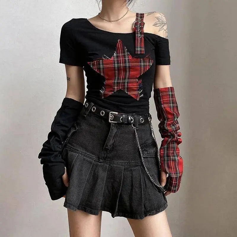 Classic Asymmetrical Women's Grunge Punk Arm Gloves Cold Shoulder Red Star Pattern Black Crop Top Y2k E-girl T-shirt - SS69