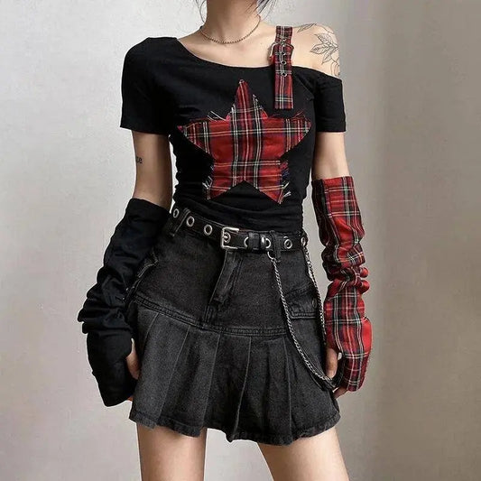 Classic Asymmetrical Women's Grunge Punk Arm Gloves Cold Shoulder Red Star Pattern Black Crop Top Y2k E-girl T-shirt - SS69