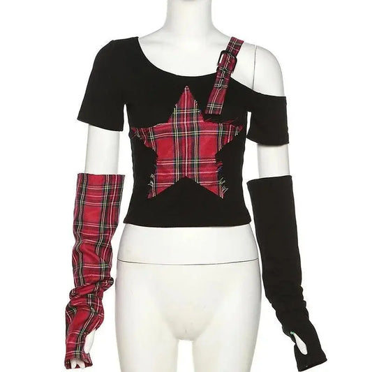 Classic Asymmetrical Women's Grunge Punk Arm Gloves Cold Shoulder Red Star Pattern Black Crop Top Y2k E-girl T-shirt - SS69