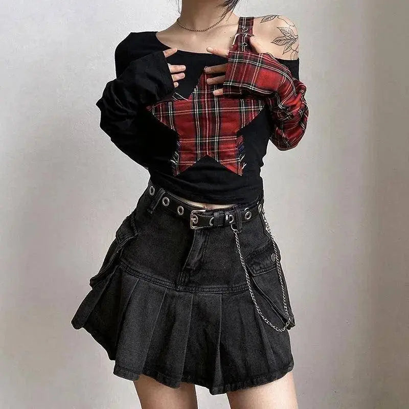 Classic Asymmetrical Women's Grunge Punk Arm Gloves Cold Shoulder Red Star Pattern Black Crop Top Y2k E-girl T-shirt - SS69