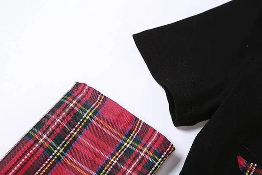 Classic Asymmetrical Women's Grunge Punk Arm Gloves Cold Shoulder Red Star Pattern Black Crop Top Y2k E-girl T-shirt - SS69