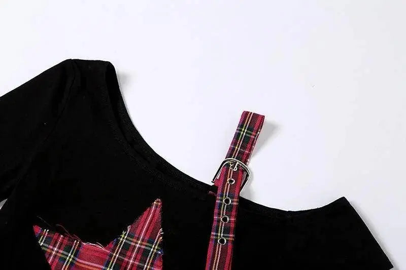 Classic Asymmetrical Women's Grunge Punk Arm Gloves Cold Shoulder Red Star Pattern Black Crop Top Y2k E-girl T-shirt - SS69