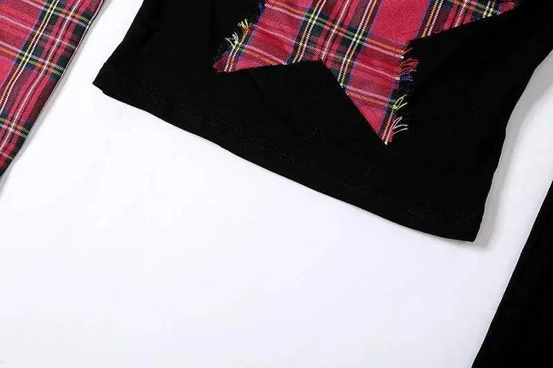 Classic Asymmetrical Women's Grunge Punk Arm Gloves Cold Shoulder Red Star Pattern Black Crop Top Y2k E-girl T-shirt - SS69