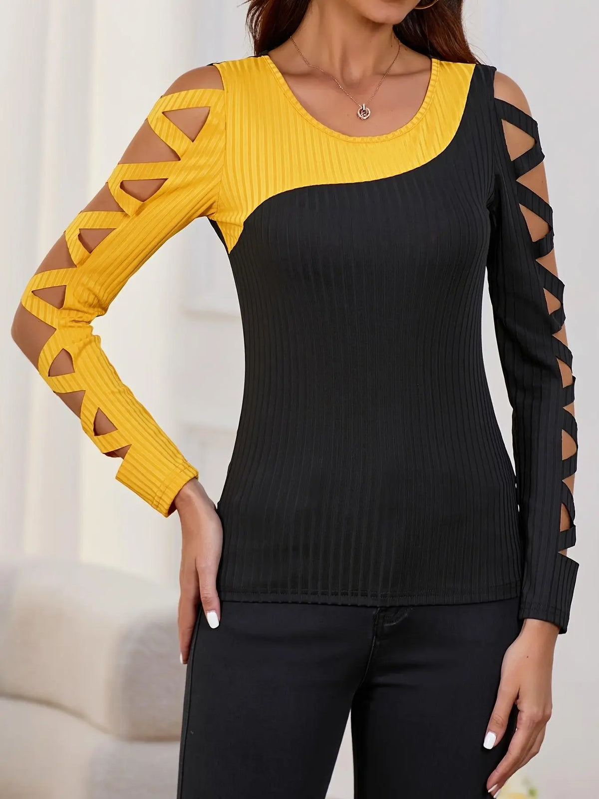 Color Block Cross Tie T-Shirt, Casual Hollow Out Long Sleeve T-Shirt For Spring & Fall, Women's Clothing.