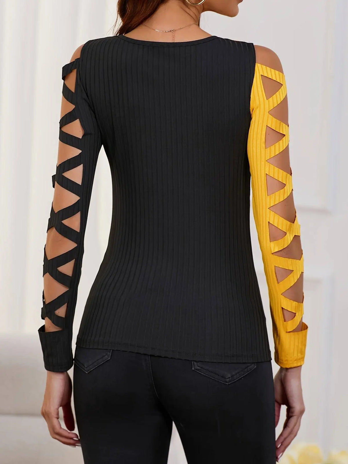 Color Block Cross Tie T-Shirt, Casual Hollow Out Long Sleeve T-Shirt For Spring & Fall, Women's Clothing SS69