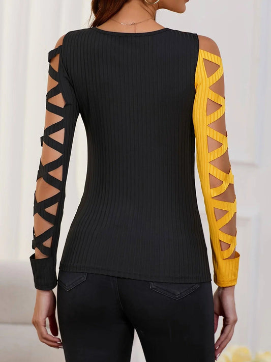 Color Block Cross Tie T-Shirt, Casual Hollow Out Long Sleeve T-Shirt For Spring & Fall, Women's Clothing SS69