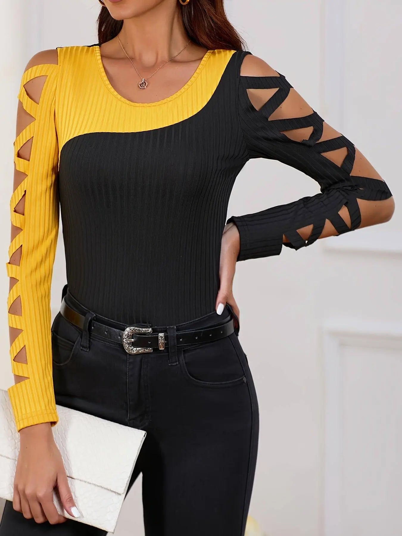 Color Block Cross Tie T-Shirt, Casual Hollow Out Long Sleeve T-Shirt For Spring & Fall, Women's Clothing SS69