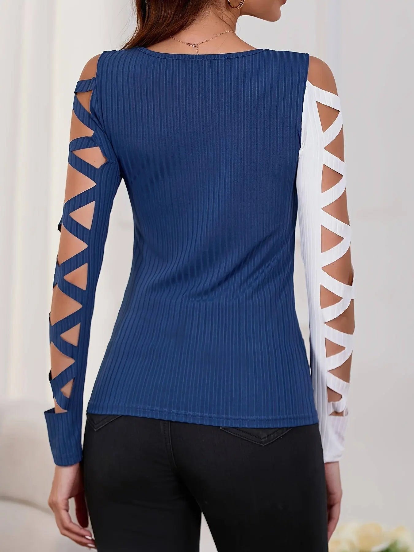 Color Block Cross Tie T-Shirt, Casual Hollow Out Long Sleeve T-Shirt For Spring & Fall, Women's Clothing SS69