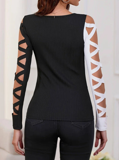 Color Block Cross Tie T-Shirt, Casual Hollow Out Long Sleeve T-Shirt For Spring & Fall, Women's Clothing SS69