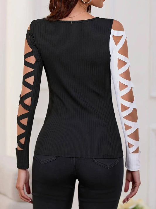 Color Block Cross Tie T-Shirt, Casual Hollow Out Long Sleeve T-Shirt For Spring & Fall, Women's Clothing SS69