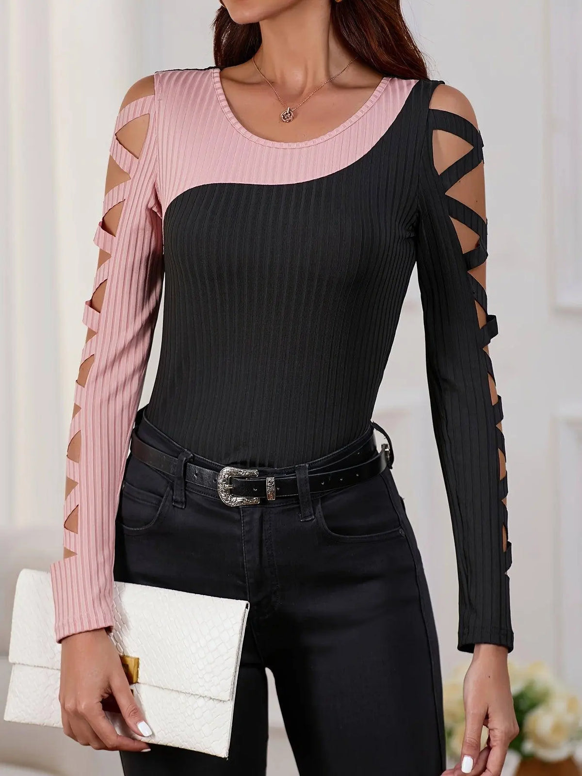 Color Block Cross Tie T-Shirt, Casual Hollow Out Long Sleeve T-Shirt For Spring & Fall, Women's Clothing SS69