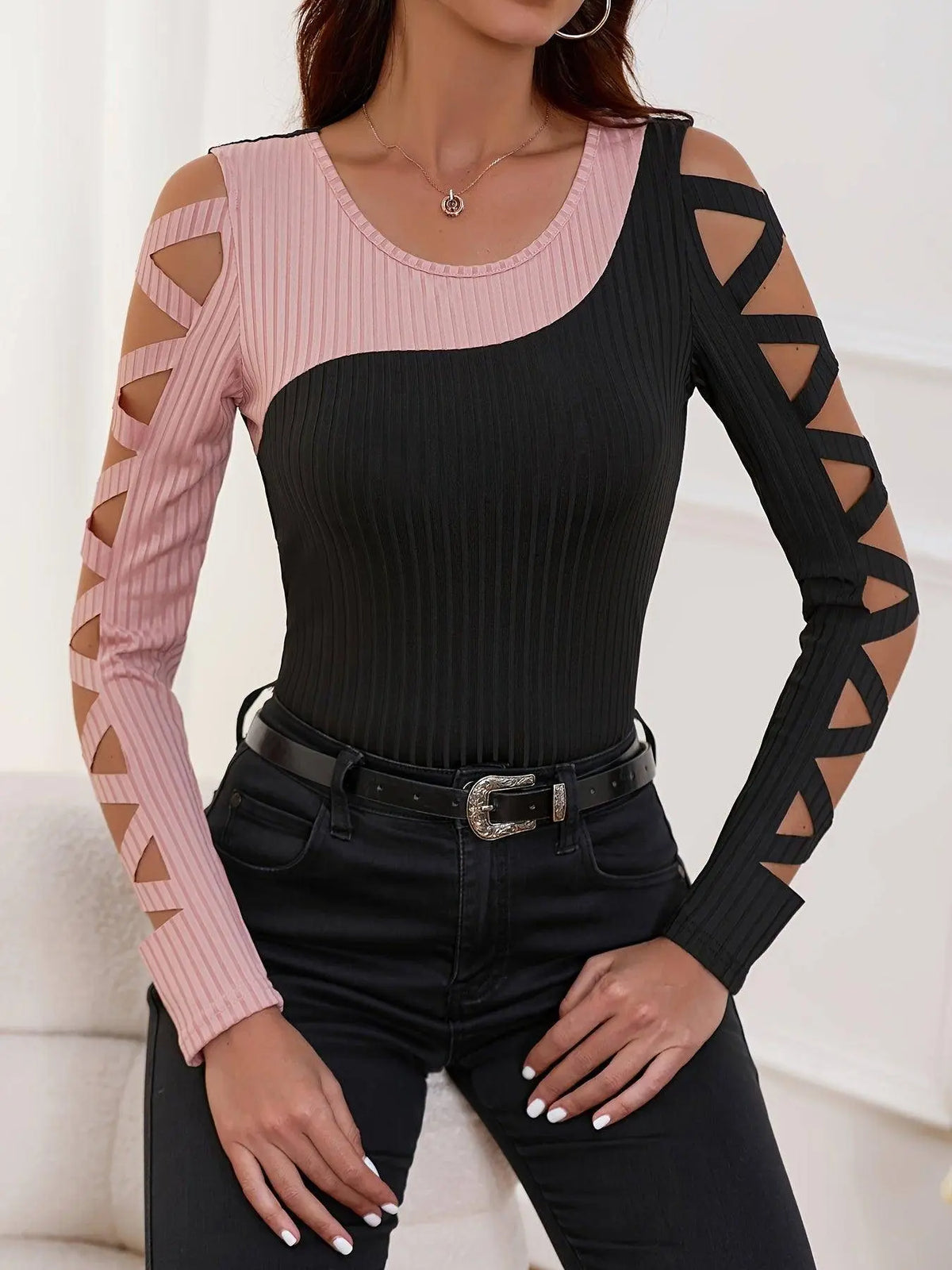 Color Block Cross Tie T-Shirt, Casual Hollow Out Long Sleeve T-Shirt For Spring & Fall, Women's Clothing SS69
