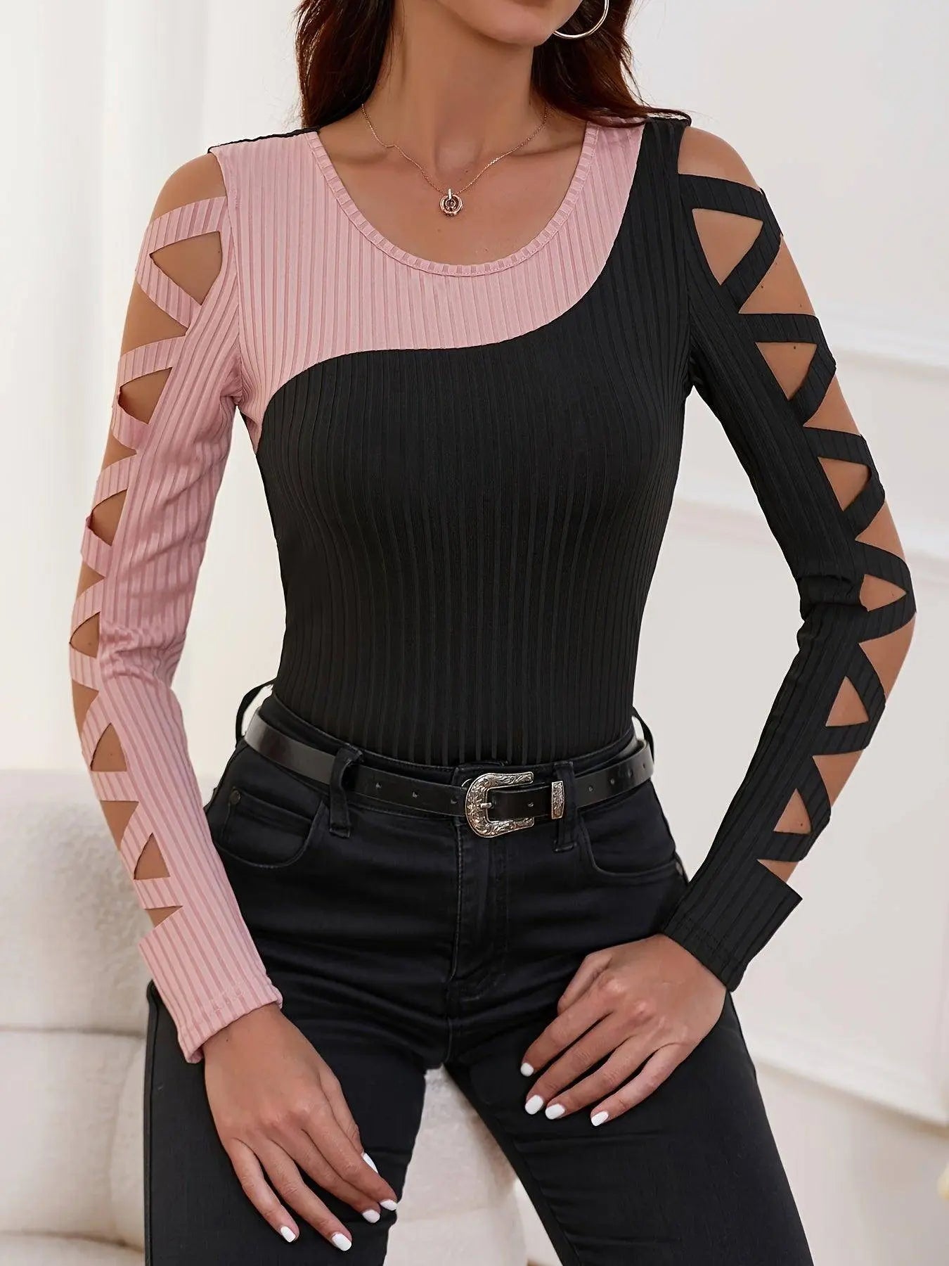 Color Block Cross Tie T-Shirt, Casual Hollow Out Long Sleeve T-Shirt For Spring & Fall, Women's Clothing SS69