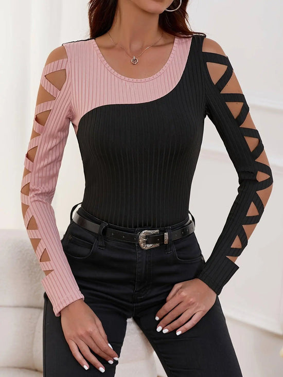 Color Block Cross Tie T-Shirt, Casual Hollow Out Long Sleeve T-Shirt For Spring & Fall, Women's Clothing SS69