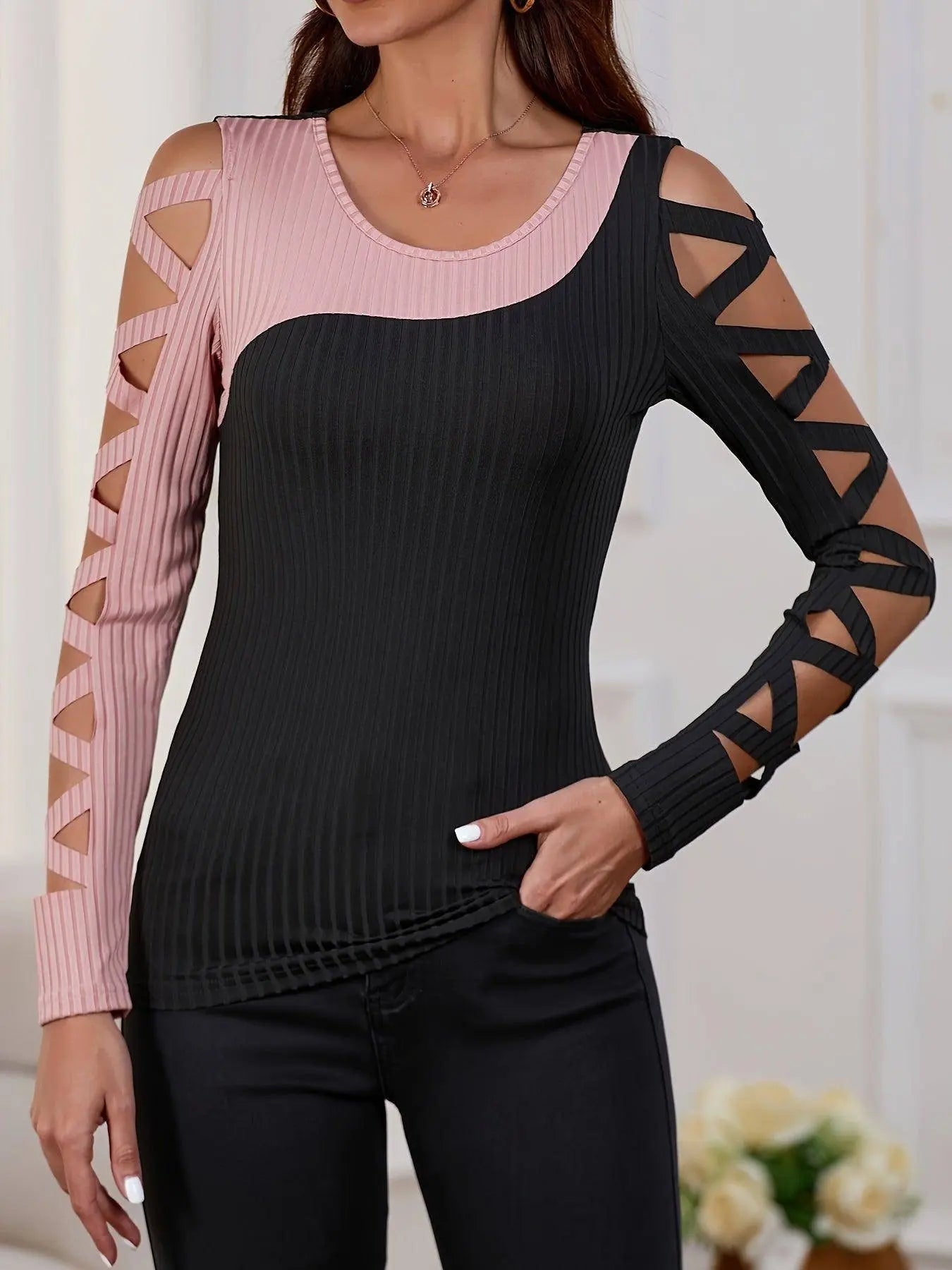 Color Block Cross Tie T-Shirt, Casual Hollow Out Long Sleeve T-Shirt For Spring & Fall, Women's Clothing SS69