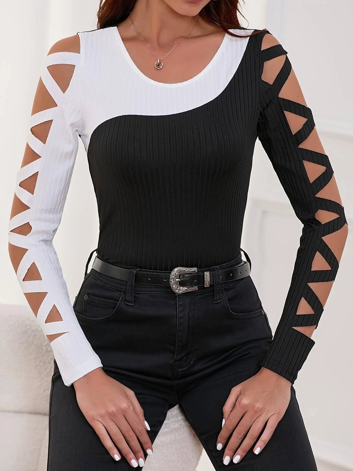 Color Block Cross Tie T-Shirt, Casual Hollow Out Long Sleeve T-Shirt For Spring & Fall, Women's Clothing SS69