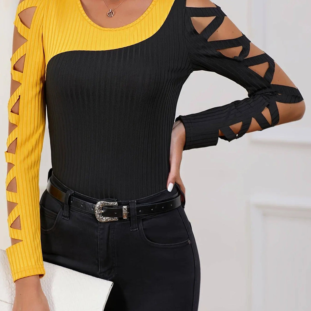 Color Block Cross Tie T-Shirt, Casual Hollow Out Long Sleeve T-Shirt For Spring & Fall, Women's Clothing SS69 10.69 Golden / XXL