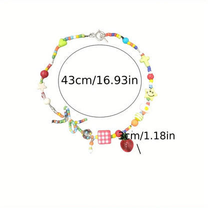 Colorful Beaded Choker Necklace with Resin Charms, Apple and Butterfly Knot Detail SS69