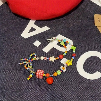 Colorful Beaded Choker Necklace with Resin Charms, Apple and Butterfly Knot Detail SS69