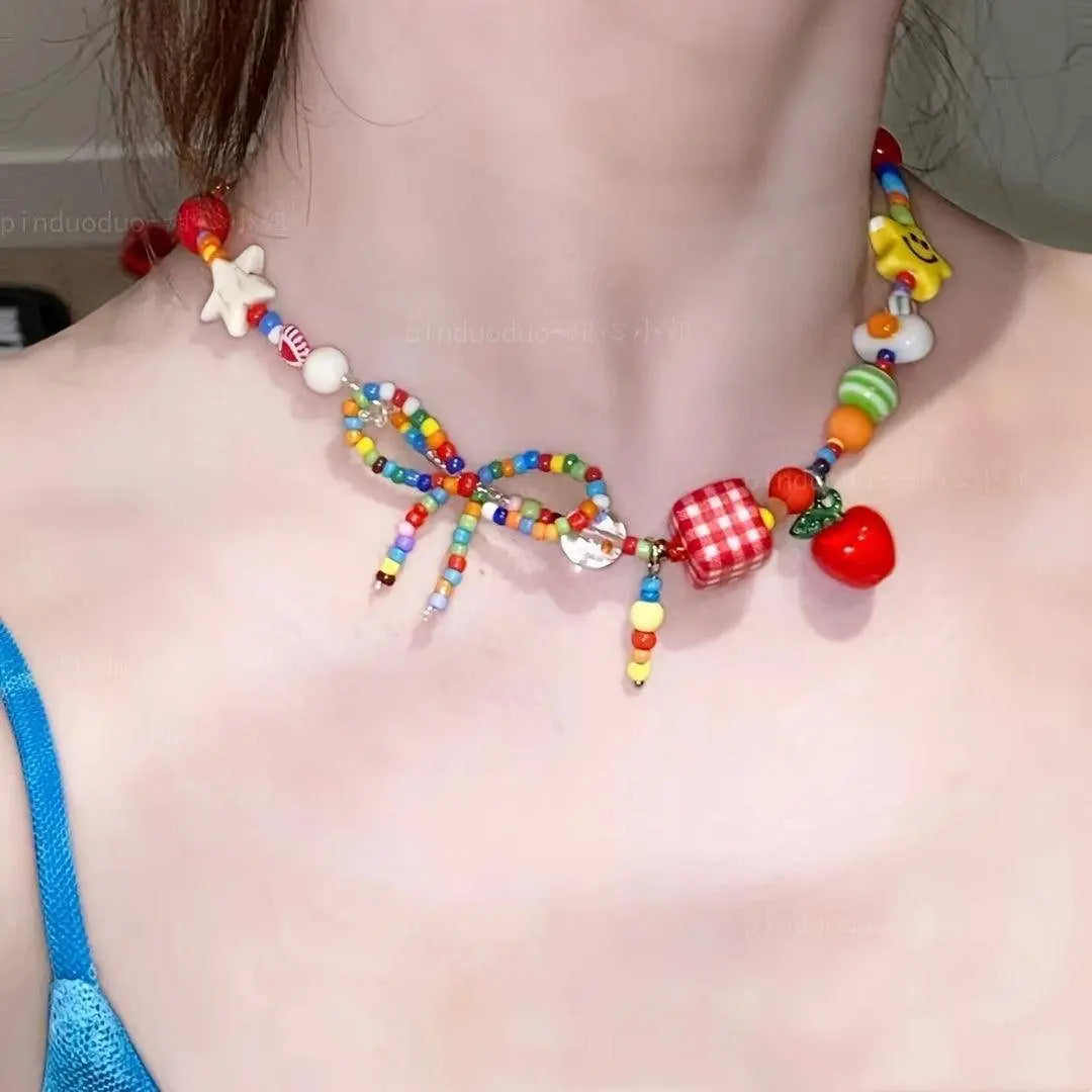 Colorful Beaded Choker Necklace with Resin Charms, Apple and Butterfly Knot Detail SS69
