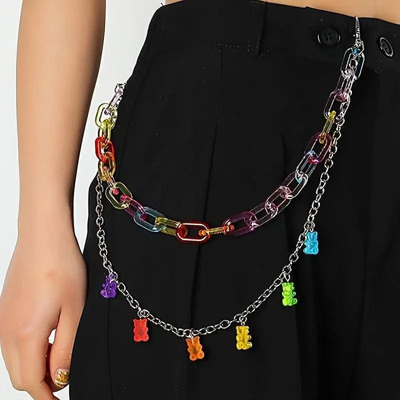 Colorful Bear Pendant Thick Chain Belt Candy Color Waist Chain Personalized Jeans Pants Chain For Women SS69