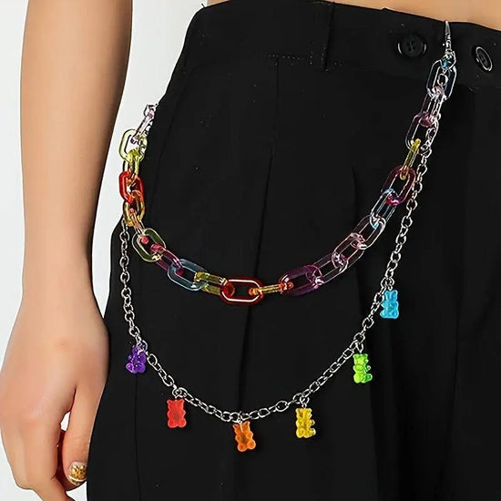 Colorful Bear Pendant Thick Chain Belt Candy Color Waist Chain Personalized Jeans Pants Chain For Women SS69