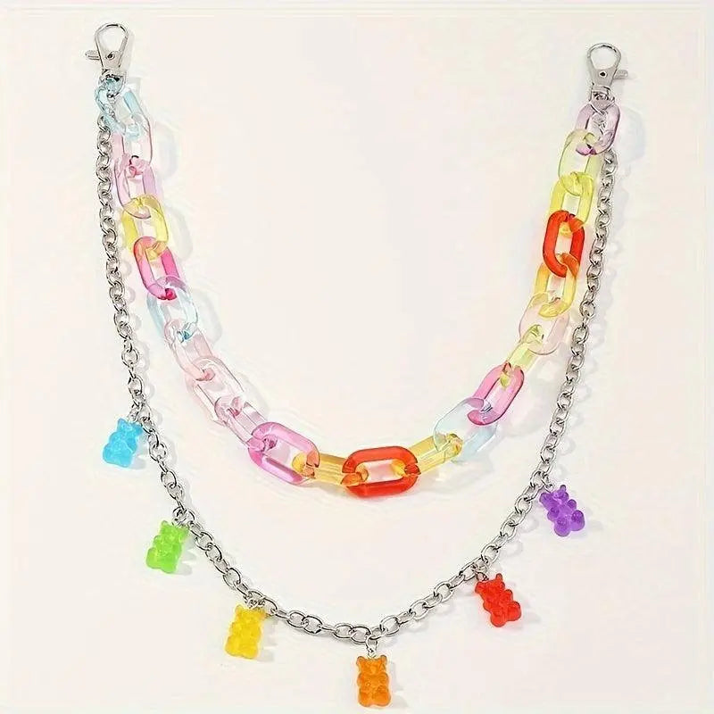 Colorful Bear Pendant Thick Chain Belt Candy Color Waist Chain Personalized Jeans Pants Chain For Women SS69