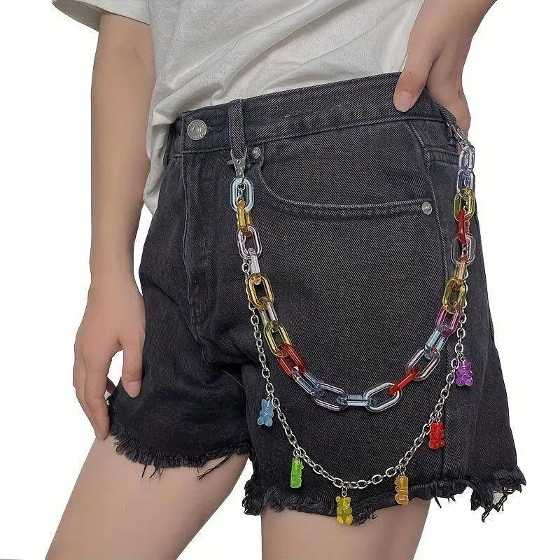 Colorful Bear Pendant Thick Chain Belt Candy Color Waist Chain Personalized Jeans Pants Chain For Women SS69
