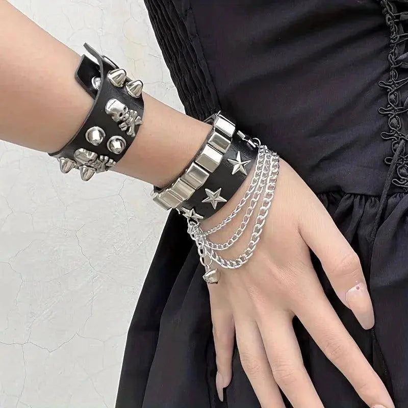 Cool Punk Style Pu Lather Chunky Bracelet, Y2k Style Hand Jewelry For Halloween Party Favors, Halloween  Birthday Gift - SS69