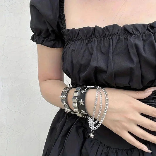 Cool Punk Style Pu Lather Chunky Bracelet, Y2k Style Hand Jewelry For Halloween Party Favors, Halloween  Birthday Gift - SS69