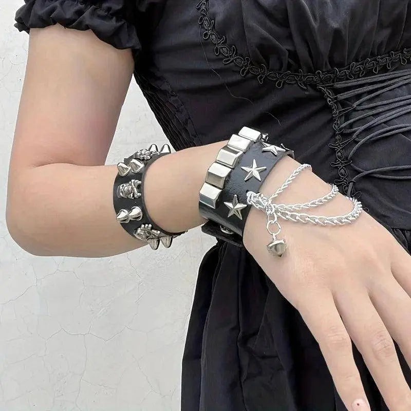 Cool Punk Style Pu Lather Chunky Bracelet, Y2k Style Hand Jewelry For Halloween Party Favors, Halloween  Birthday Gift - SS69