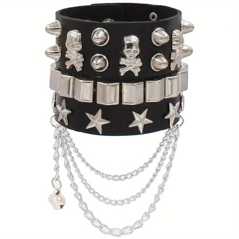 Cool Punk Style Pu Lather Chunky Bracelet, Y2k Style Hand Jewelry For Halloween Party Favors, Halloween  Birthday Gift - SS69