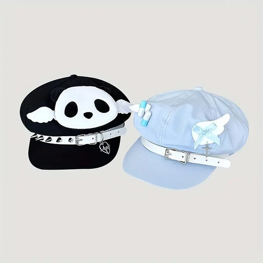 Cotton Beret Cap with Embroidery and Knitting, Lightweight 100% Cotton Y2K Aesthetic SS69