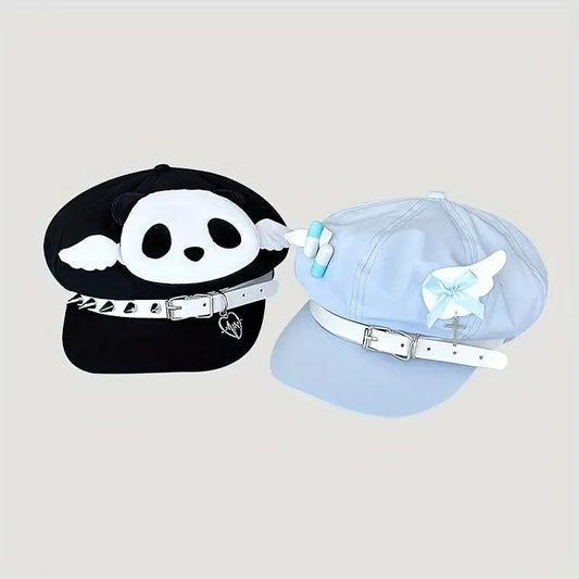 Cotton Beret Cap with Embroidery and Knitting, Lightweight 100% Cotton Y2K Aesthetic SS69